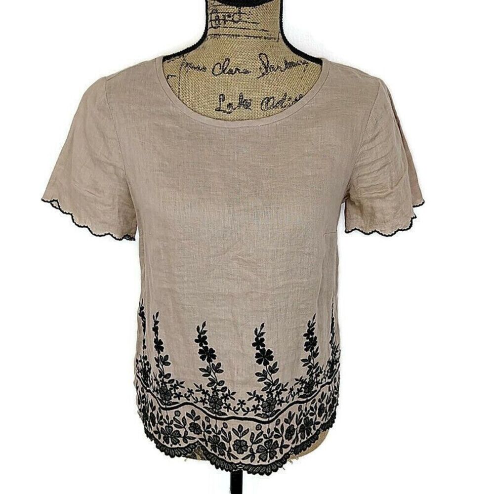 J Crew Linen Embroidered Beige Top Boho Cottagecore Romantic Scalloped sz 0